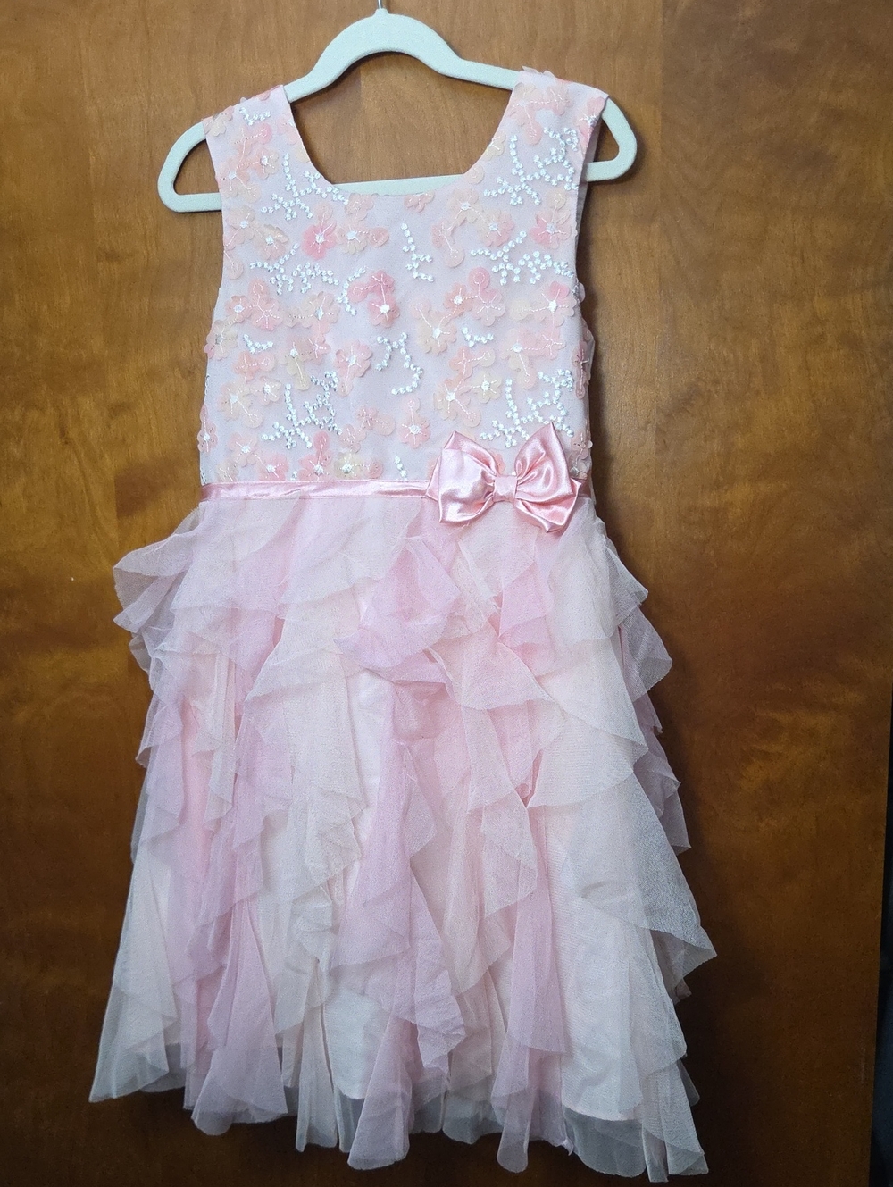 Jona Michelle Pink Floral Applique Tulle Ruffle Dress with Bow